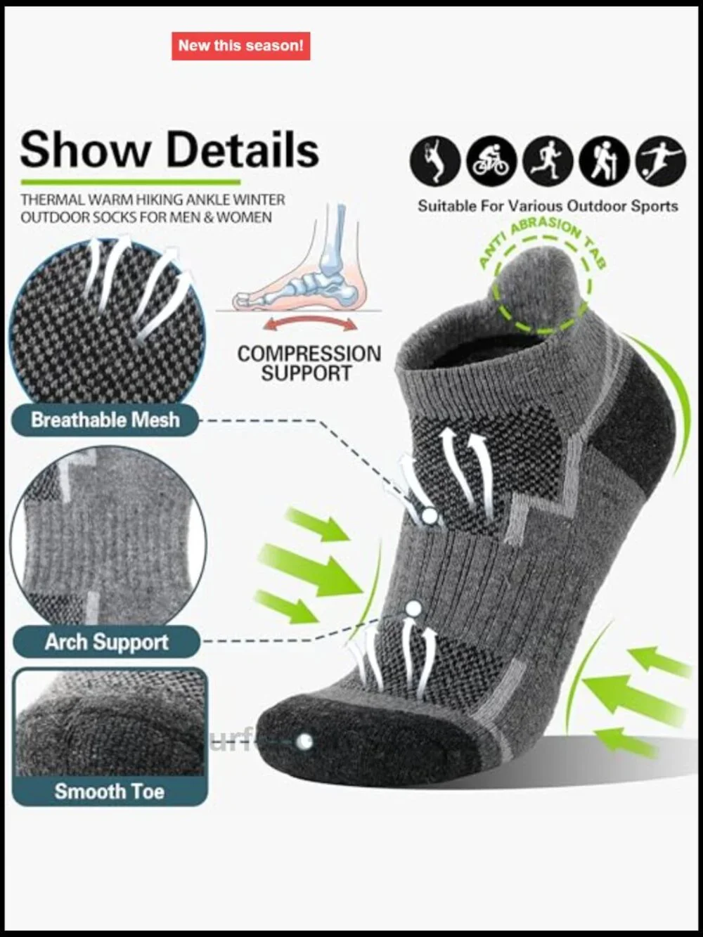 6 Pairs Merino Wool Ankle Hiking Running Socks Compression Support Athletic Low
